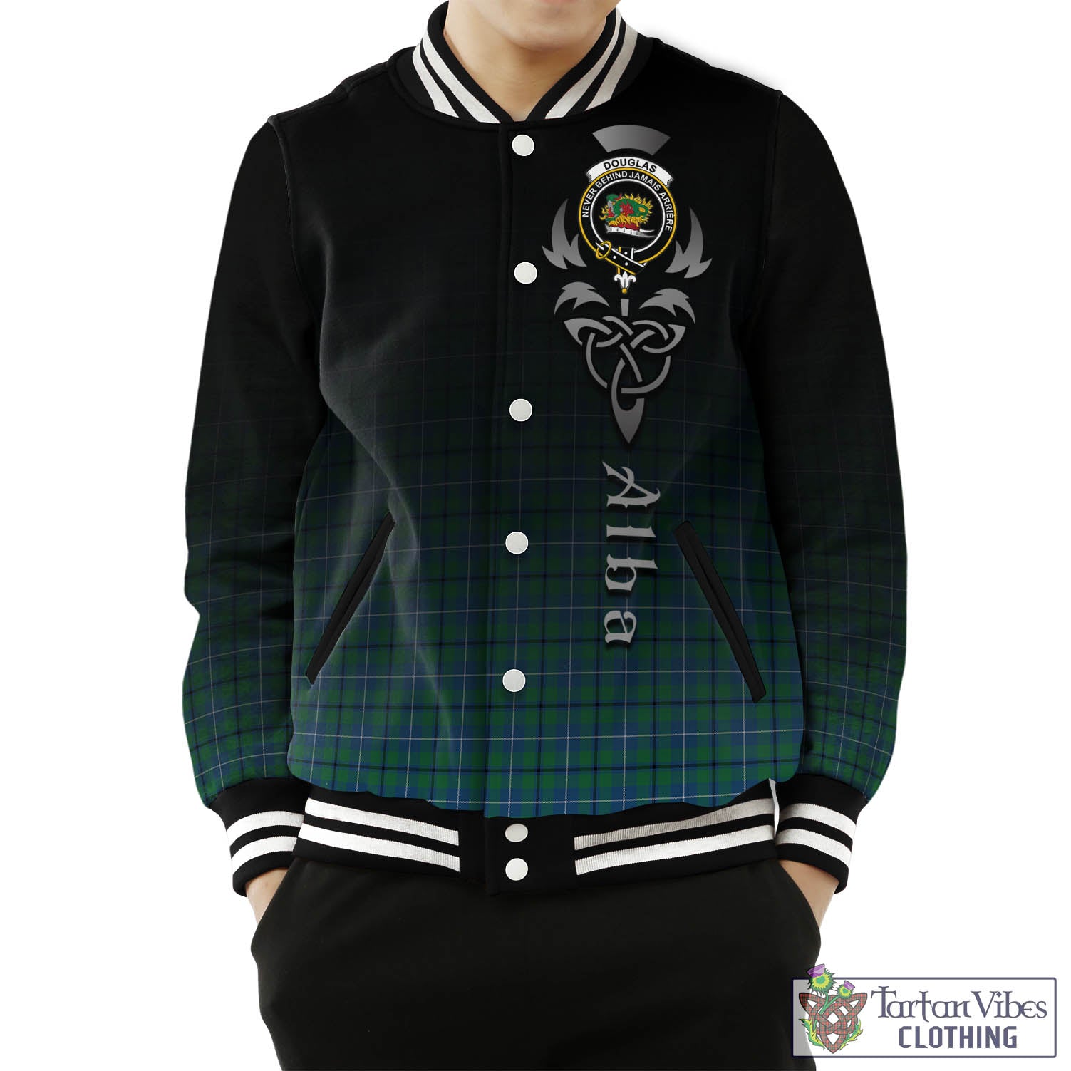 Tartan Vibes Clothing Douglas Ancient Tartan Baseball Jacket Featuring Alba Gu Brath Family Crest Celtic Inspired