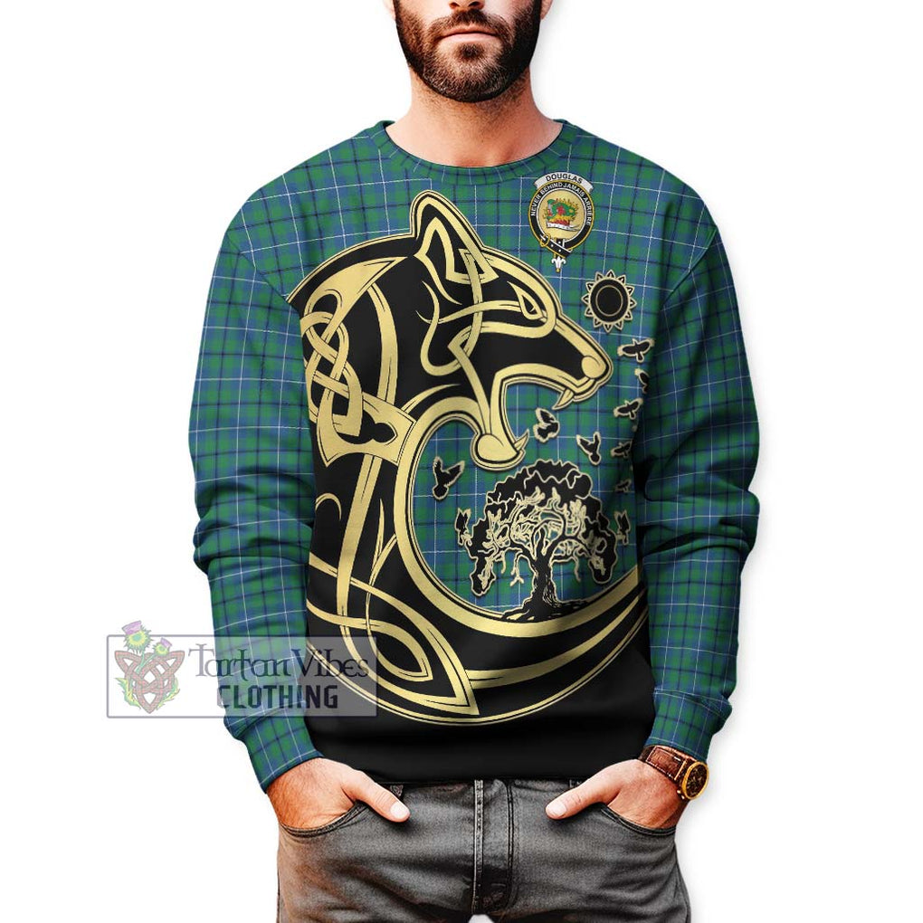 Douglas Ancient Tartan Sweatshirt with Family Crest Celtic Wolf Style Unisex - Tartan Vibes Clothing