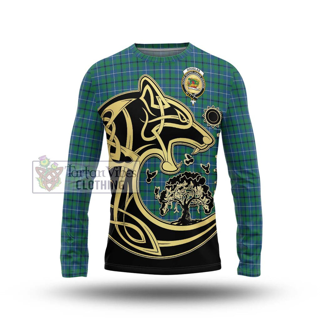 Douglas Ancient Tartan Long Sleeve T-Shirt with Family Crest Celtic Wolf Style Unisex - Tartan Vibes Clothing