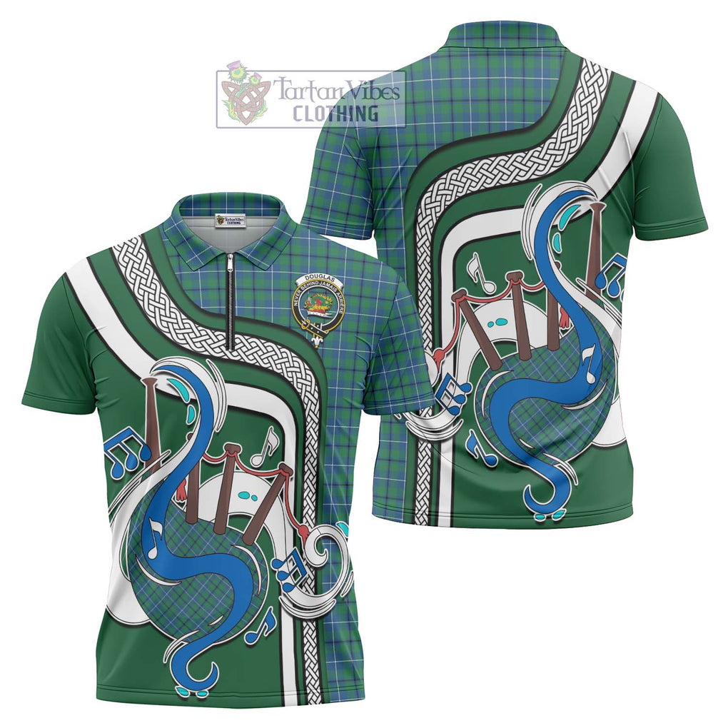 Douglas Ancient Tartan Zipper Polo Shirt with Epic Bagpipe Style Unisex - Tartanvibesclothing Shop