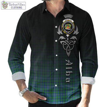 Douglas Ancient Tartan Long Sleeve Button Up Featuring Alba Gu Brath Family Crest Celtic Inspired