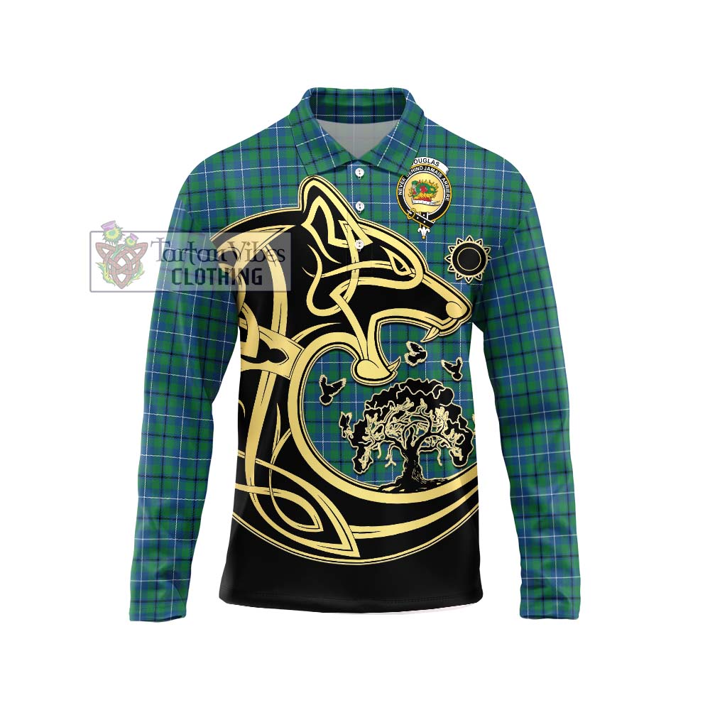 Douglas Ancient Tartan Long Sleeve Polo Shirt with Family Crest Celtic Wolf Style Unisex - Tartanvibesclothing Shop