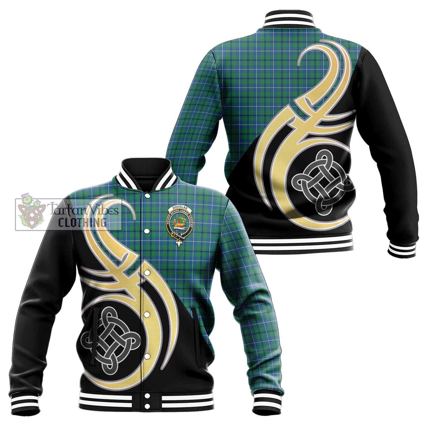 Douglas Ancient Tartan Baseball Jacket with Family Crest and Celtic Symbol Style Unisex - Tartan Vibes Clothing