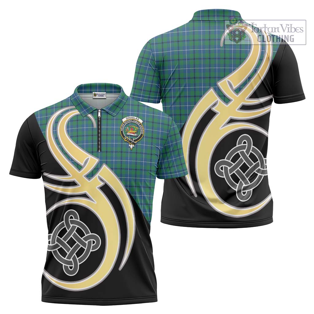 Tartan Vibes Clothing Douglas Ancient Tartan Zipper Polo Shirt with Family Crest and Celtic Symbol Style