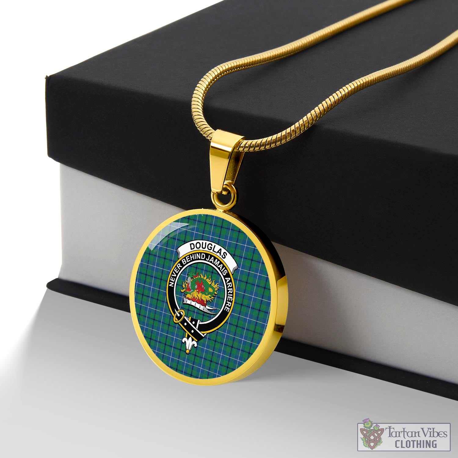 Tartan Vibes Clothing Douglas Ancient Tartan Circle Necklace with Family Crest