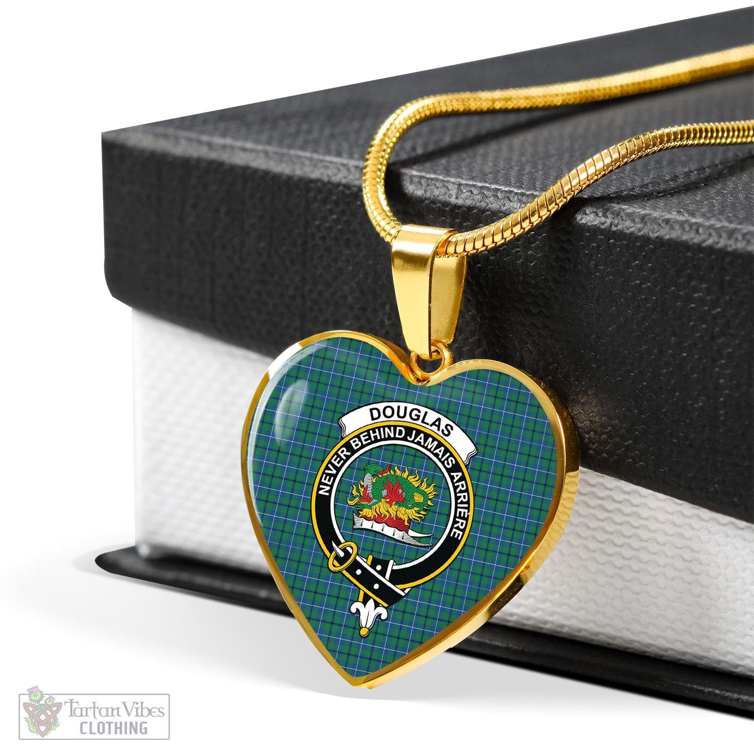 Tartan Vibes Clothing Douglas Ancient Tartan Heart Necklace with Family Crest