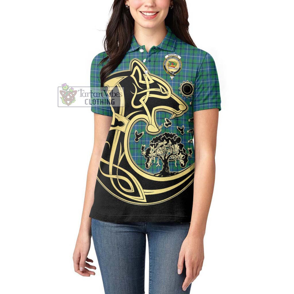 Douglas Ancient Tartan Women's Polo Shirt with Family Crest Celtic Wolf Style - Tartanvibesclothing Shop