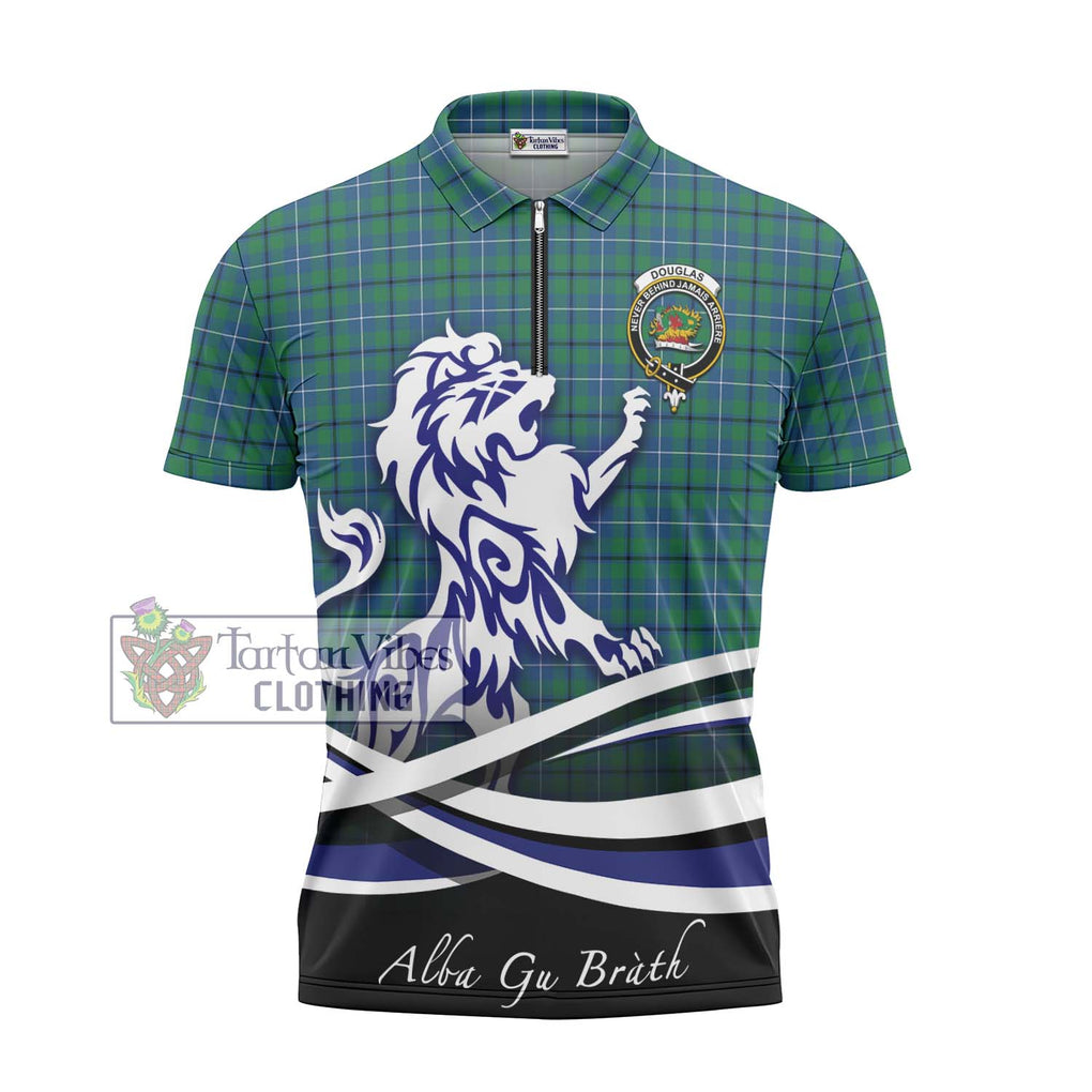 Douglas Ancient Tartan Zipper Polo Shirt with Alba Gu Brath Regal Lion Emblem - Tartanvibesclothing Shop