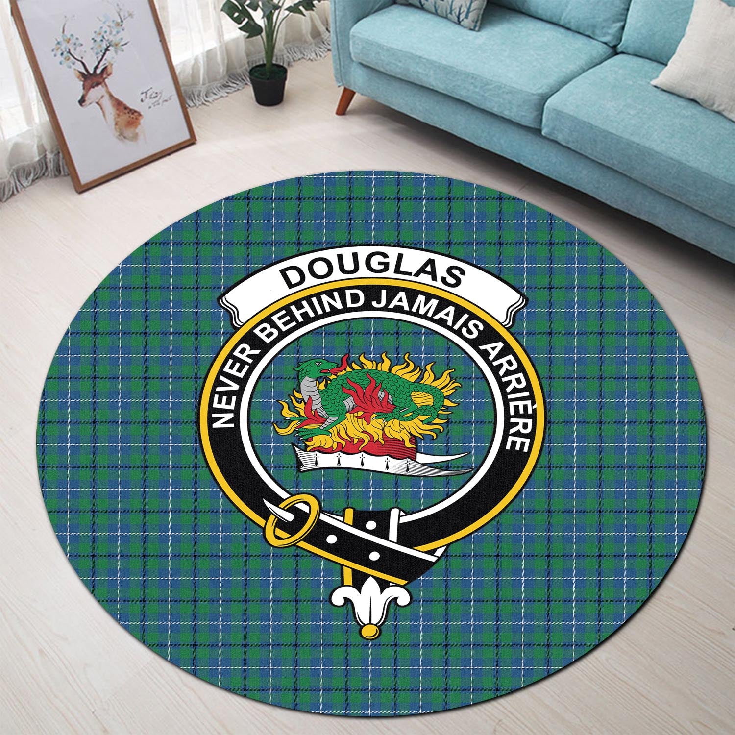 Douglas Ancient Tartan Round Rug with Family Crest - Tartanvibesclothing