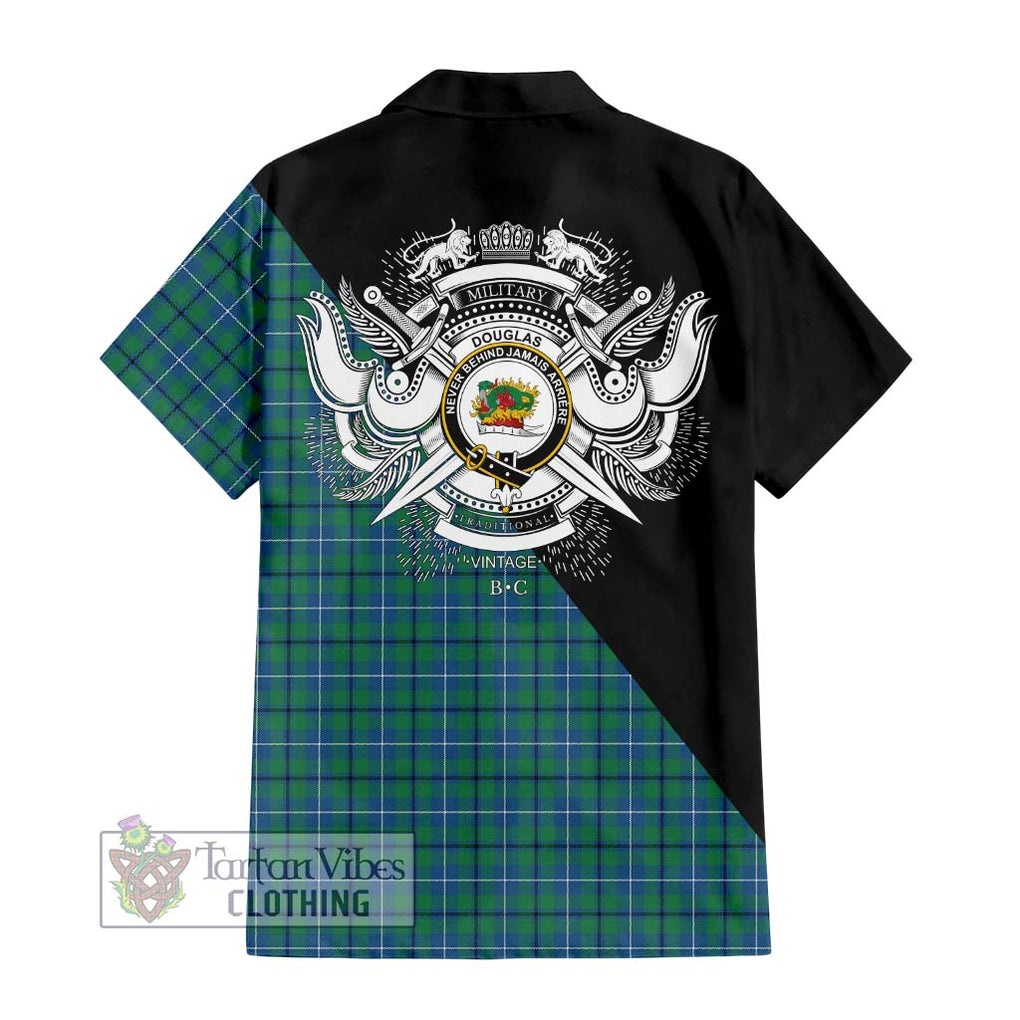 Douglas Ancient Tartan Short Sleeve Button Shirt with Family Crest and Military Logo Style - Tartanvibesclothing Shop