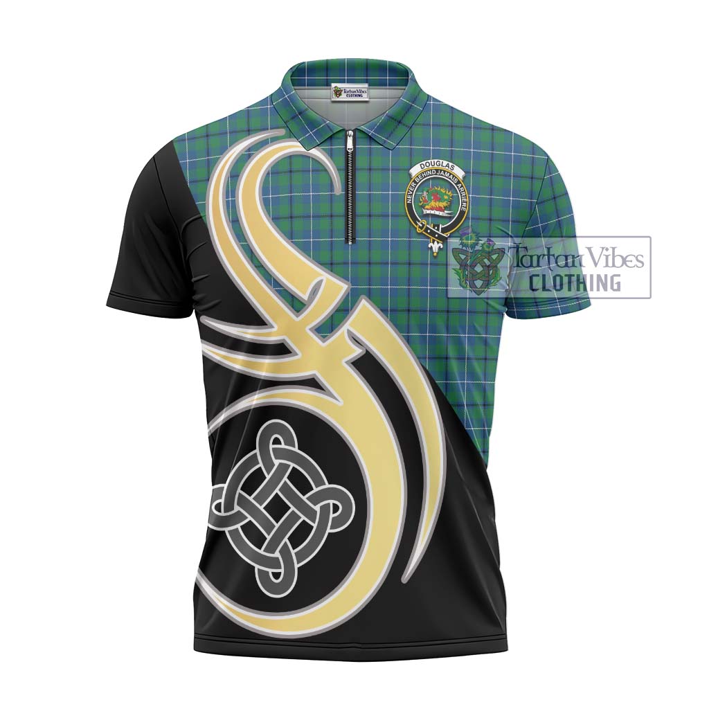 Tartan Vibes Clothing Douglas Ancient Tartan Zipper Polo Shirt with Family Crest and Celtic Symbol Style