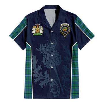 Douglas Ancient Tartan Short Sleeve Button Up Shirt with Family Crest and Scottish Thistle Vibes Sport Style