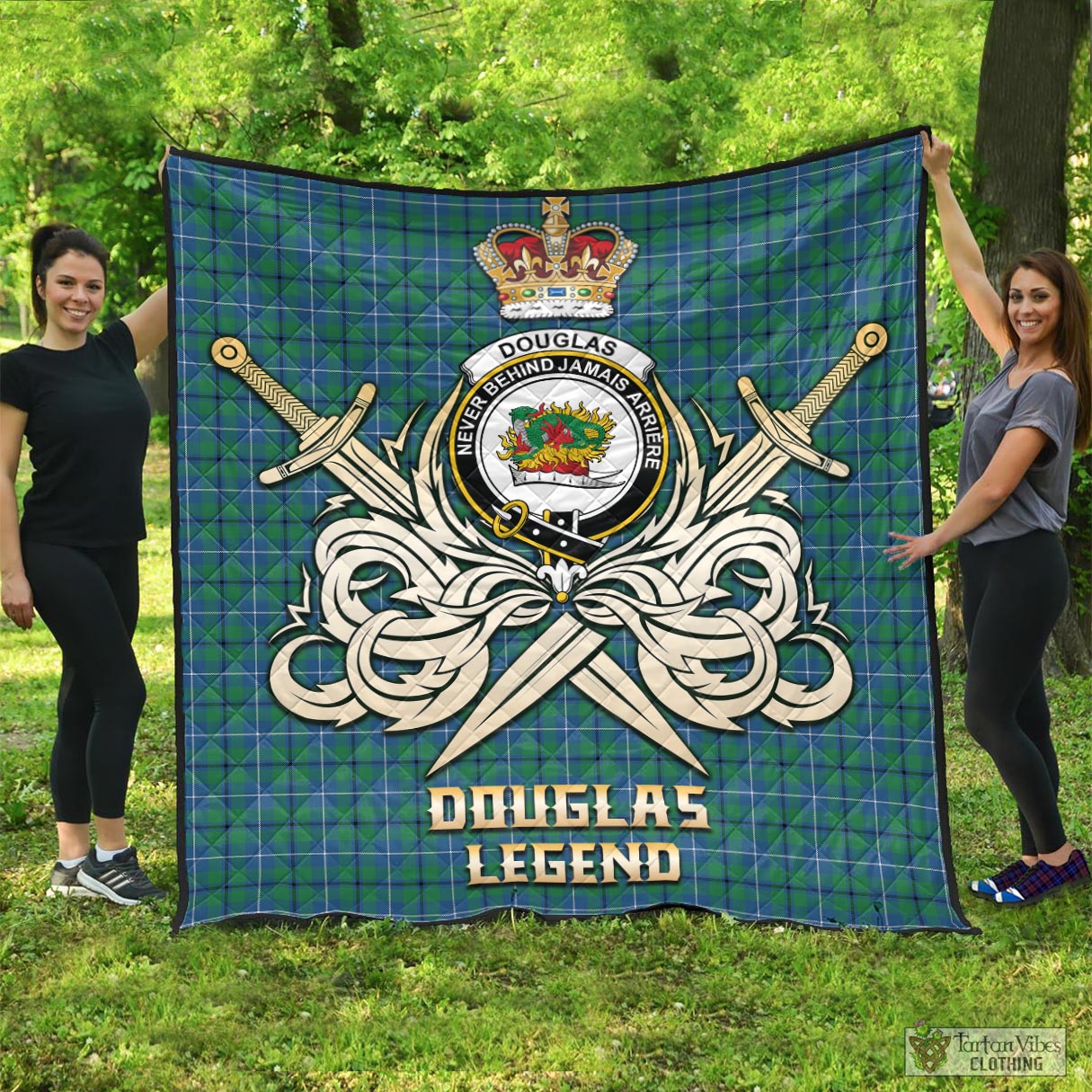 Tartan Vibes Clothing Douglas Ancient Tartan Quilt with Clan Crest and the Golden Sword of Courageous Legacy