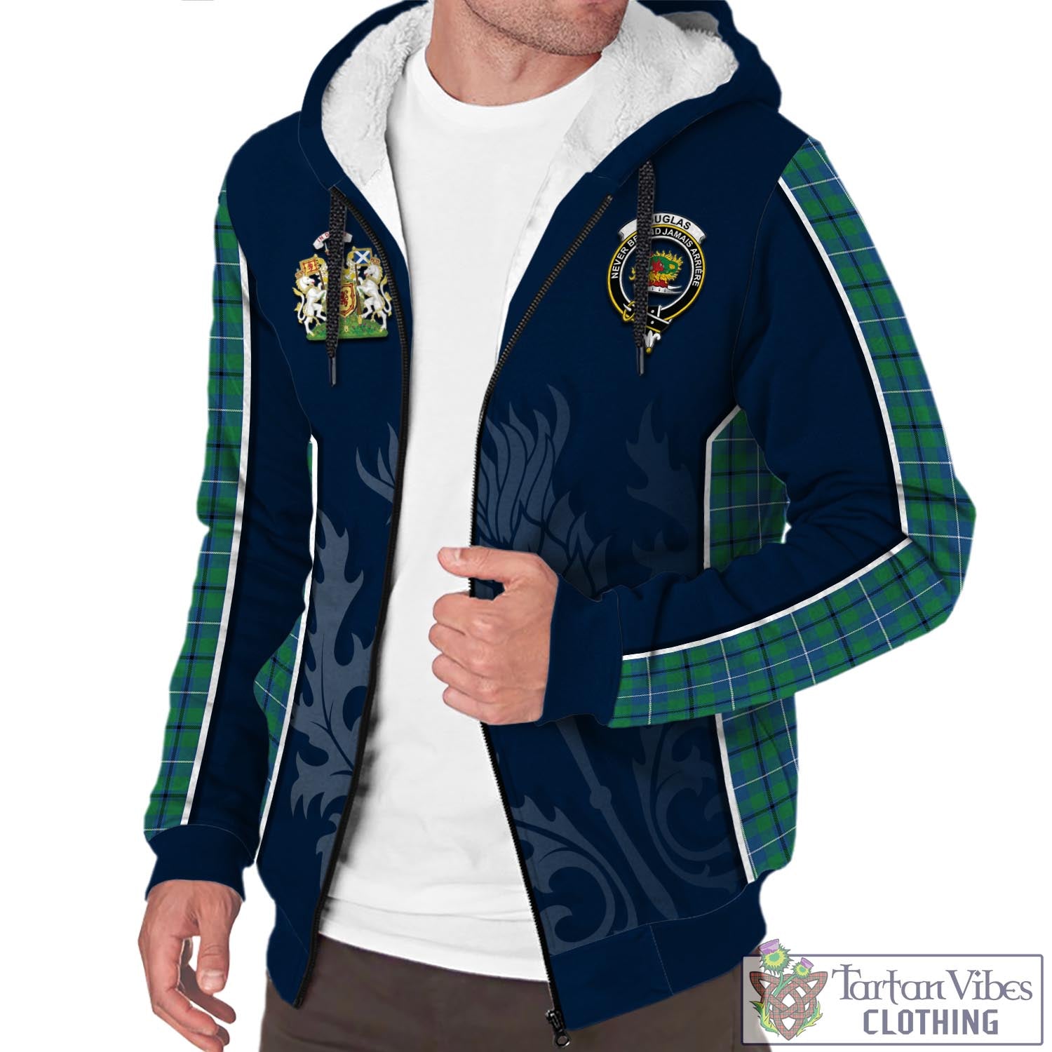 Tartan Vibes Clothing Douglas Ancient Tartan Sherpa Hoodie with Family Crest and Scottish Thistle Vibes Sport Style