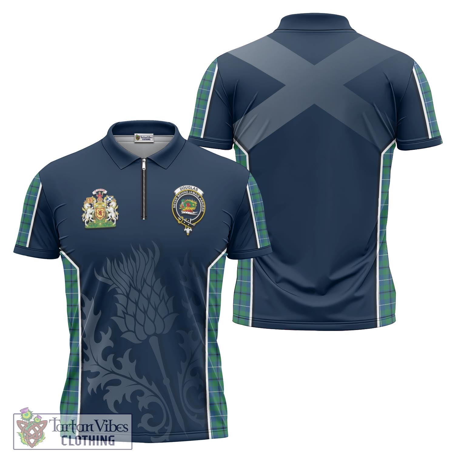 Tartan Vibes Clothing Douglas Ancient Tartan Zipper Polo Shirt with Family Crest and Scottish Thistle Vibes Sport Style