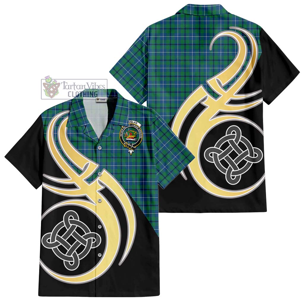 Douglas Ancient Tartan Short Sleeve Button Shirt with Family Crest and Celtic Symbol Style - Tartan Vibes Clothing