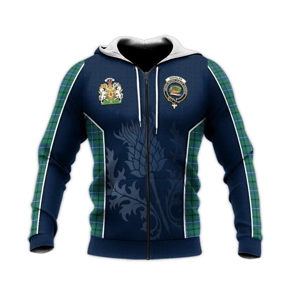 Tartan Vibes Clothing Douglas Ancient Tartan Knitted Hoodie with Family Crest and Scottish Thistle Vibes Sport Style