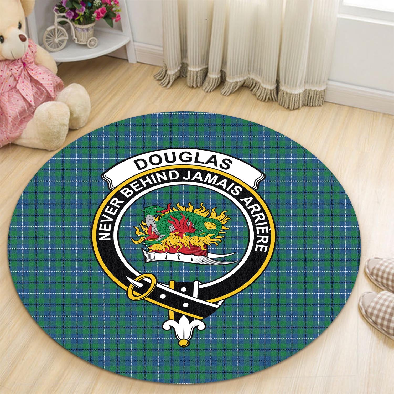 Douglas Ancient Tartan Round Rug with Family Crest - Tartanvibesclothing