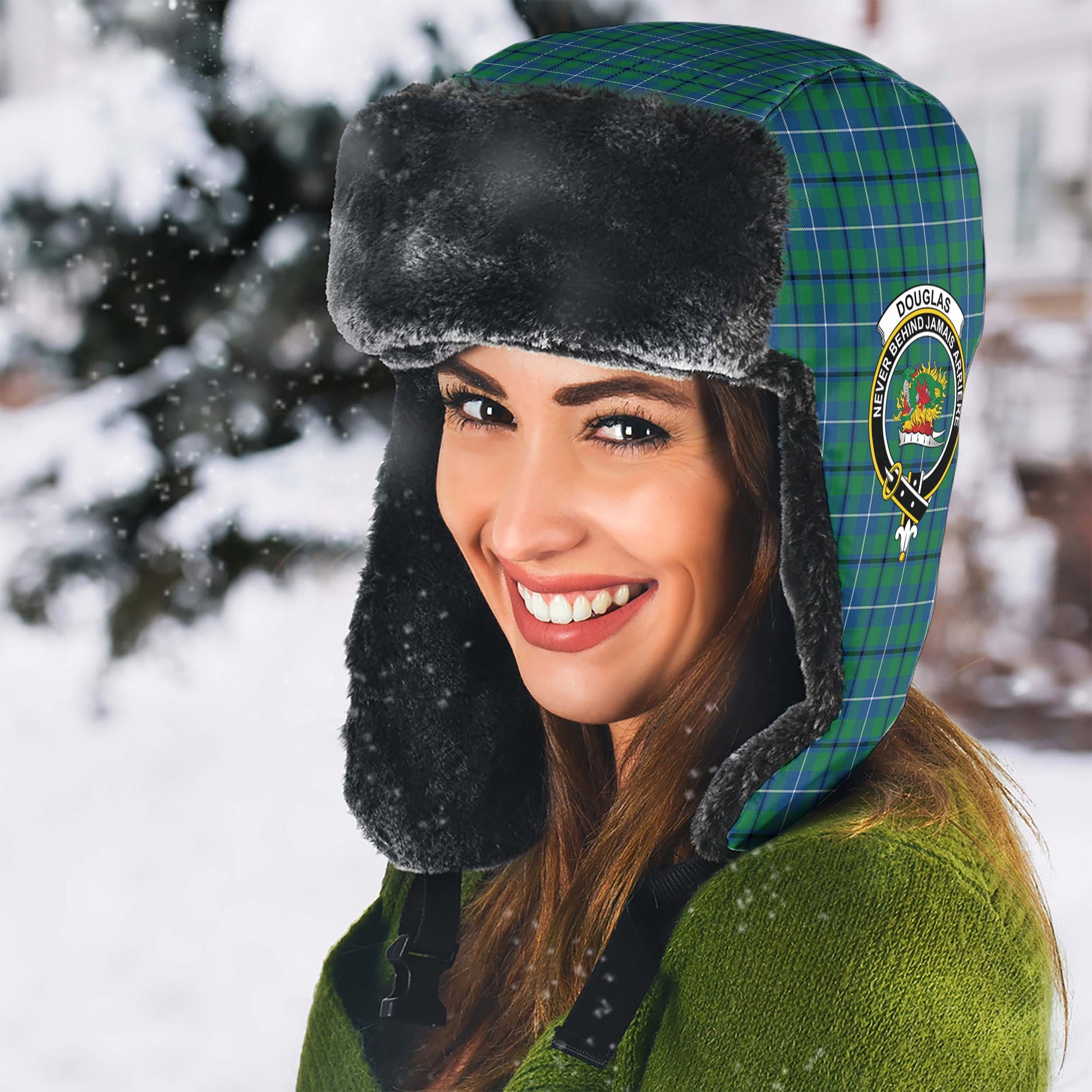 Douglas Ancient Tartan Winter Trapper Hat with Family Crest - Tartanvibesclothing