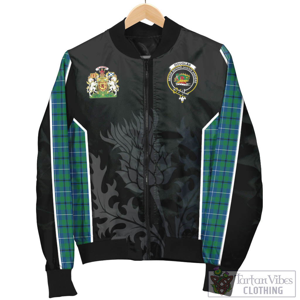 Tartan Vibes Clothing Douglas Ancient Tartan Bomber Jacket with Family Crest and Scottish Thistle Vibes Sport Style