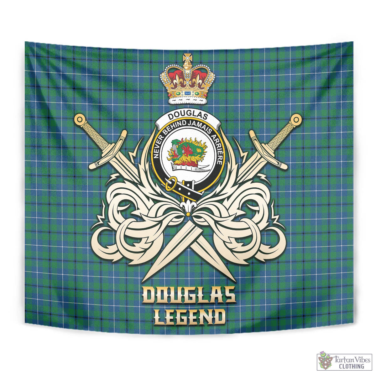 Tartan Vibes Clothing Douglas Ancient Tartan Tapestry with Clan Crest and the Golden Sword of Courageous Legacy