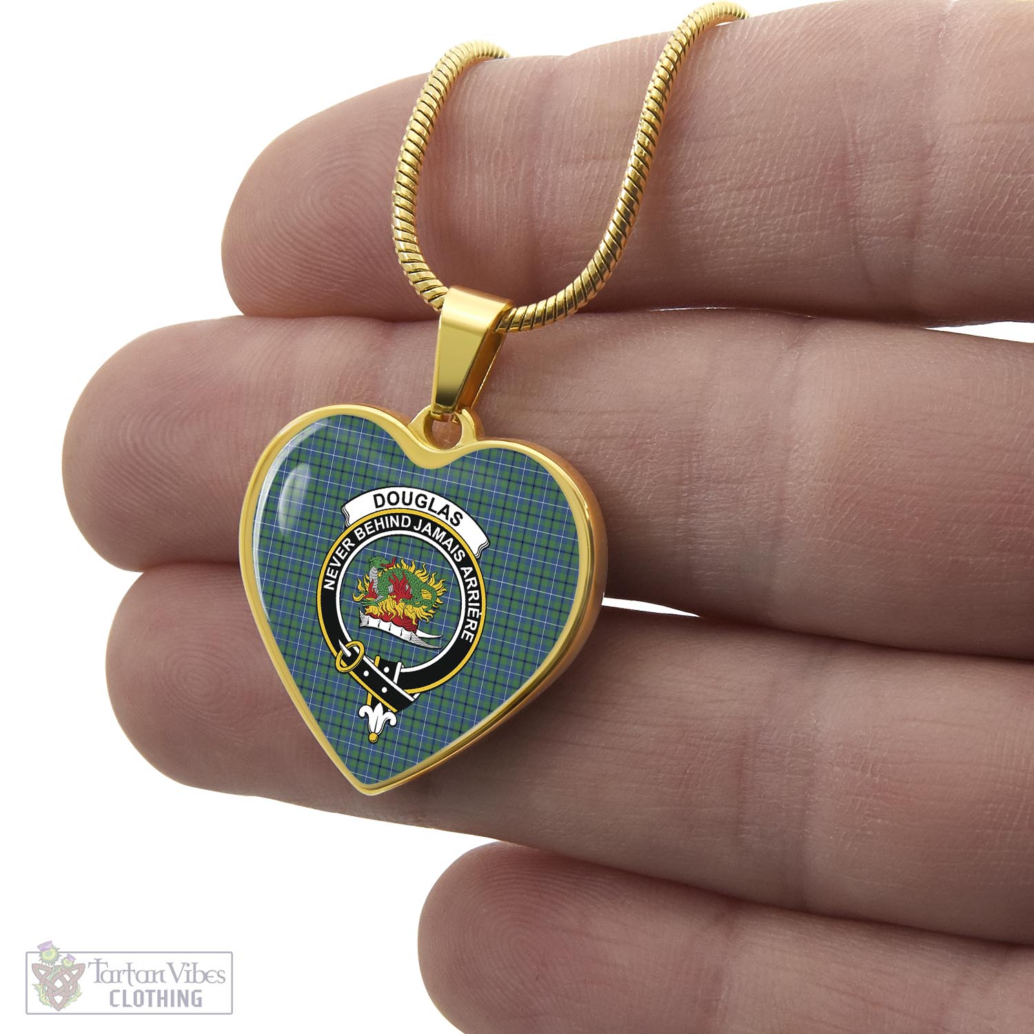 Tartan Vibes Clothing Douglas Ancient Tartan Heart Necklace with Family Crest