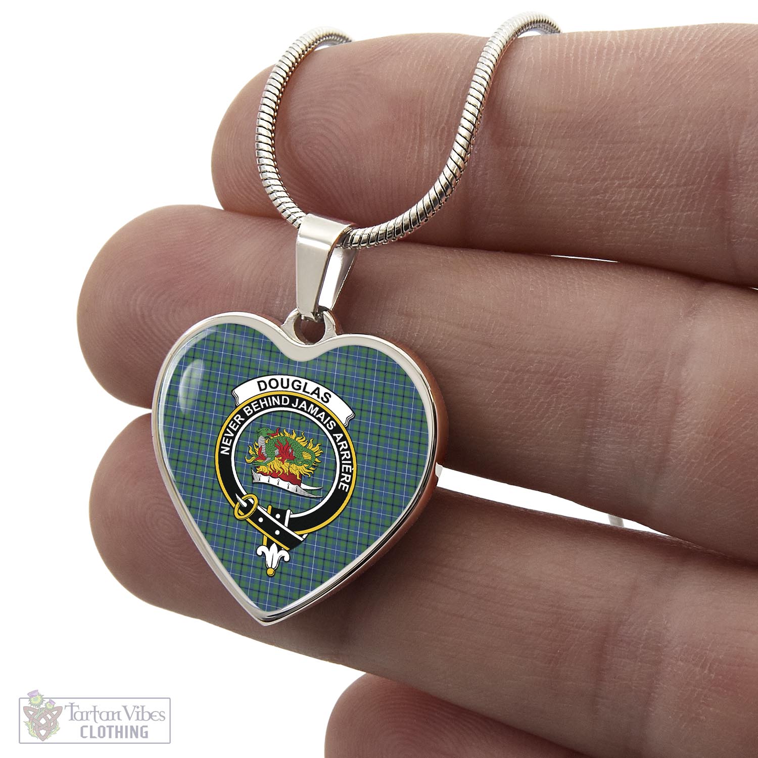 Tartan Vibes Clothing Douglas Ancient Tartan Heart Necklace with Family Crest