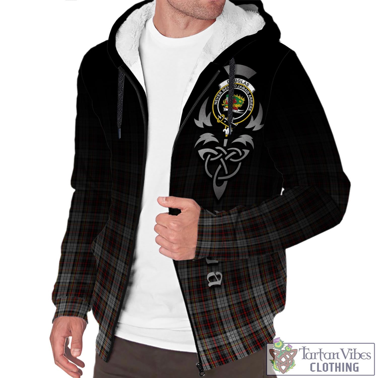 Tartan Vibes Clothing Douglas Ancient Dress Tartan Sherpa Hoodie Featuring Alba Gu Brath Family Crest Celtic Inspired