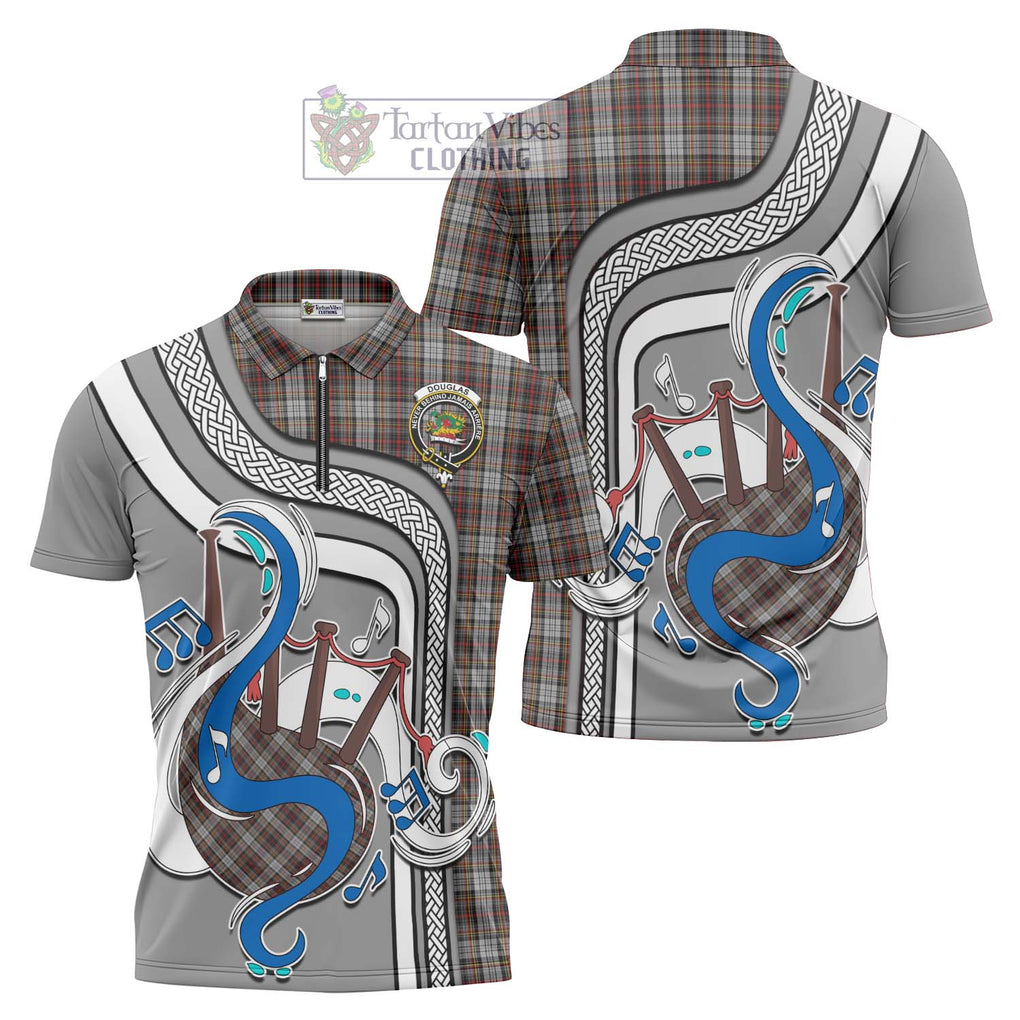 Douglas Ancient Dress Tartan Zipper Polo Shirt with Epic Bagpipe Style Unisex - Tartanvibesclothing Shop