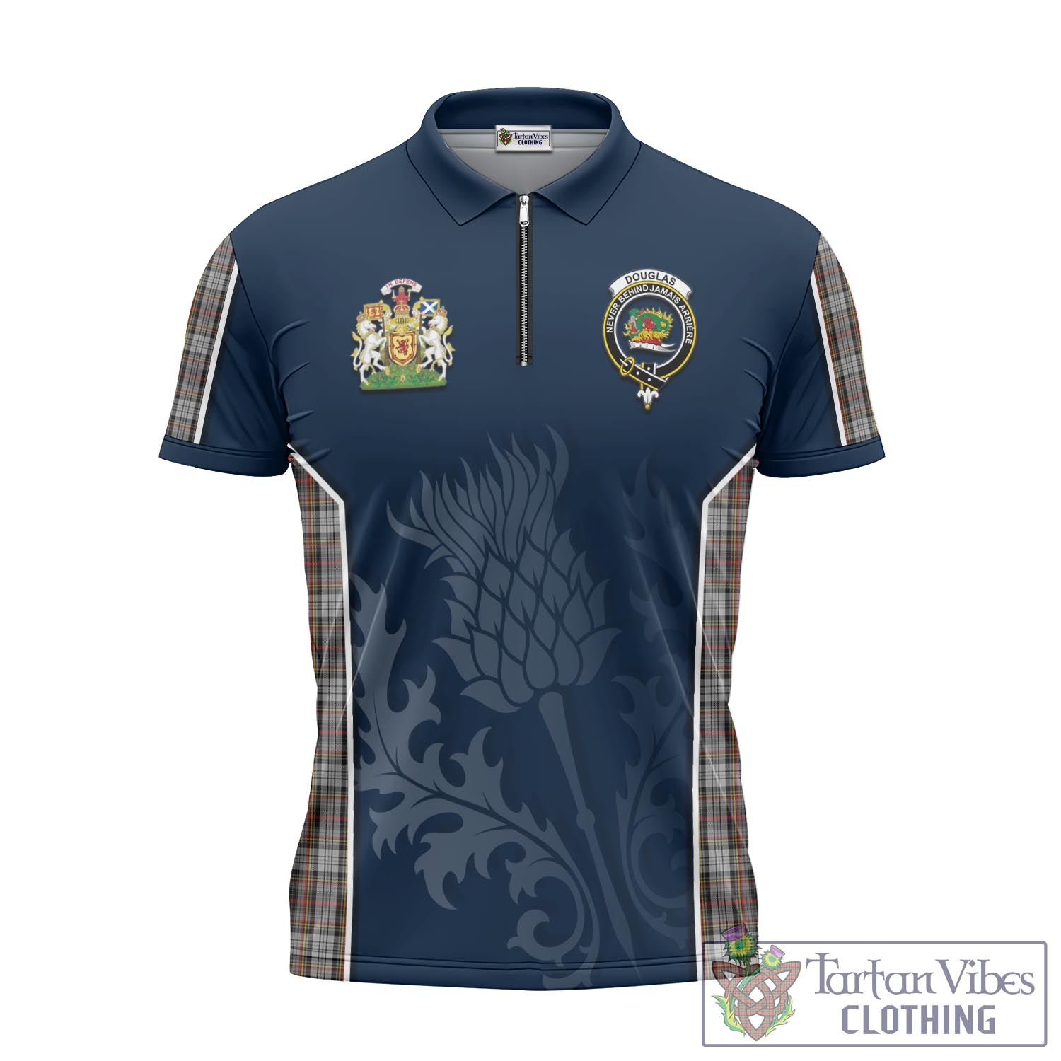 Tartan Vibes Clothing Douglas Ancient Dress Tartan Zipper Polo Shirt with Family Crest and Scottish Thistle Vibes Sport Style