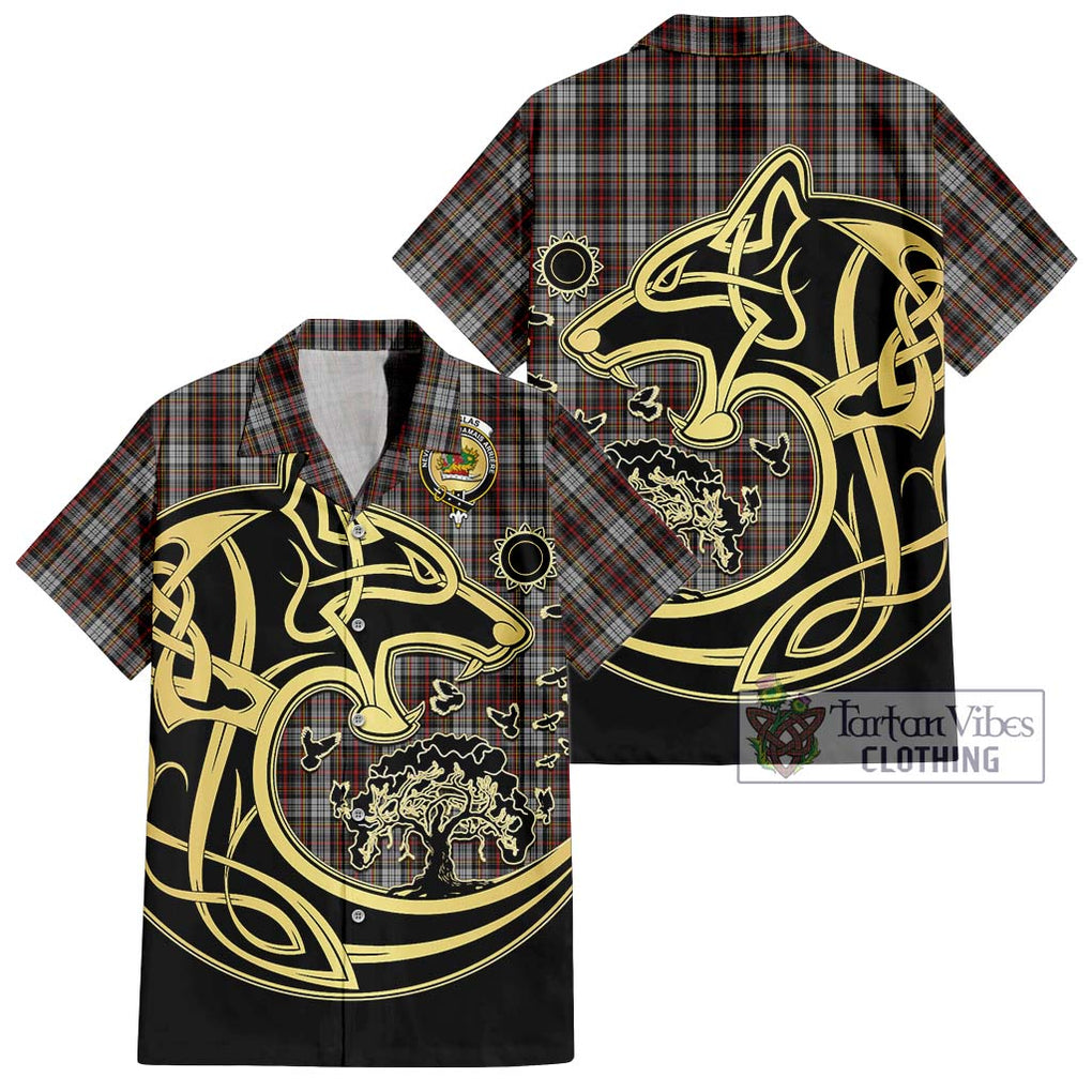 Douglas Ancient Dress Tartan Short Sleeve Button Shirt with Family Crest Celtic Wolf Style Kid - Tartan Vibes Clothing