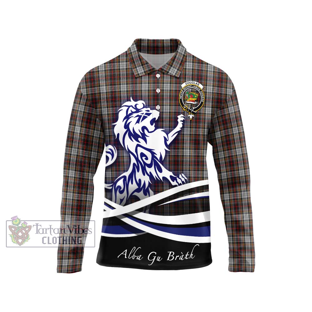 Douglas Ancient Dress Tartan Long Sleeve Polo Shirt with Alba Gu Brath Regal Lion Emblem Unisex - Tartanvibesclothing Shop