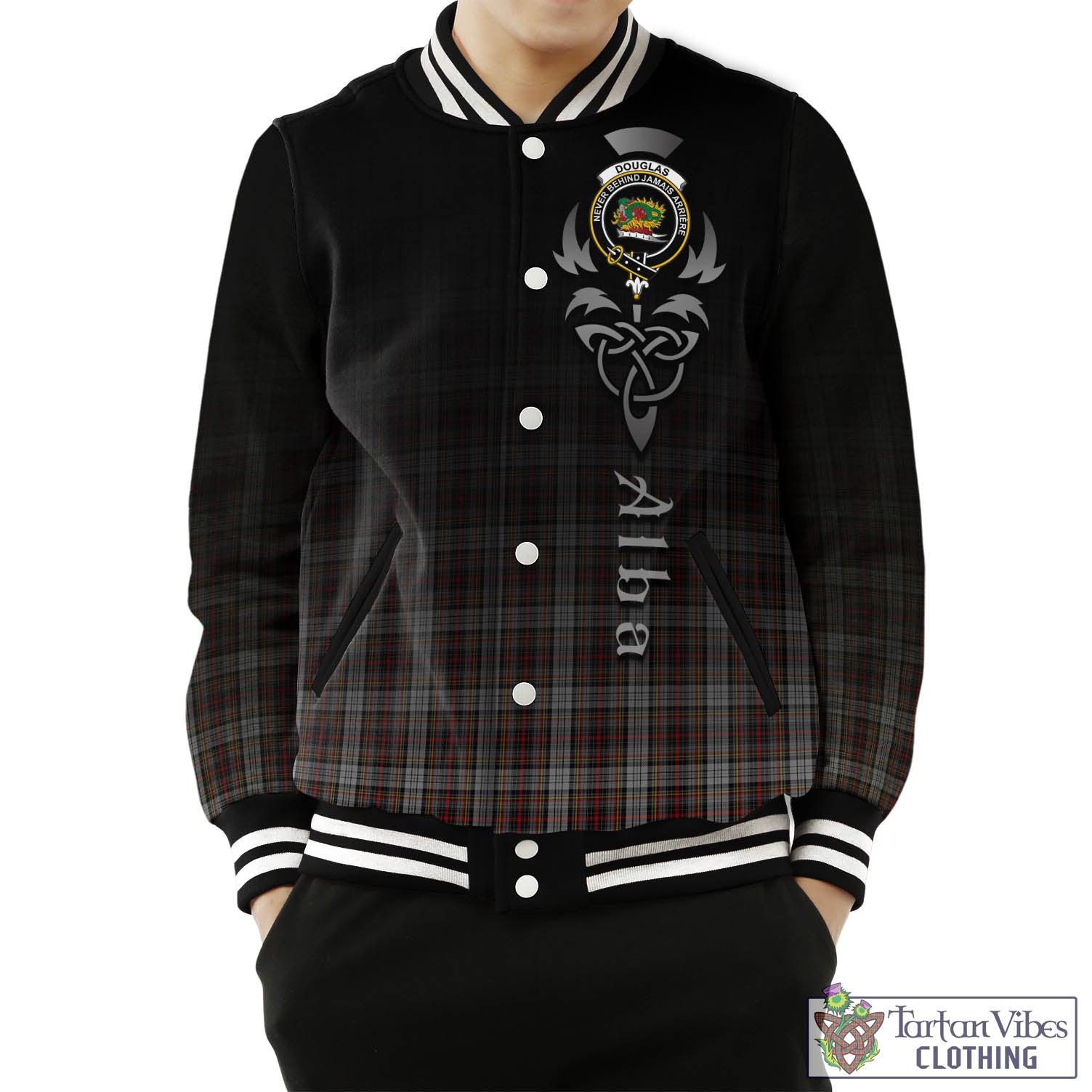 Tartan Vibes Clothing Douglas Ancient Dress Tartan Baseball Jacket Featuring Alba Gu Brath Family Crest Celtic Inspired