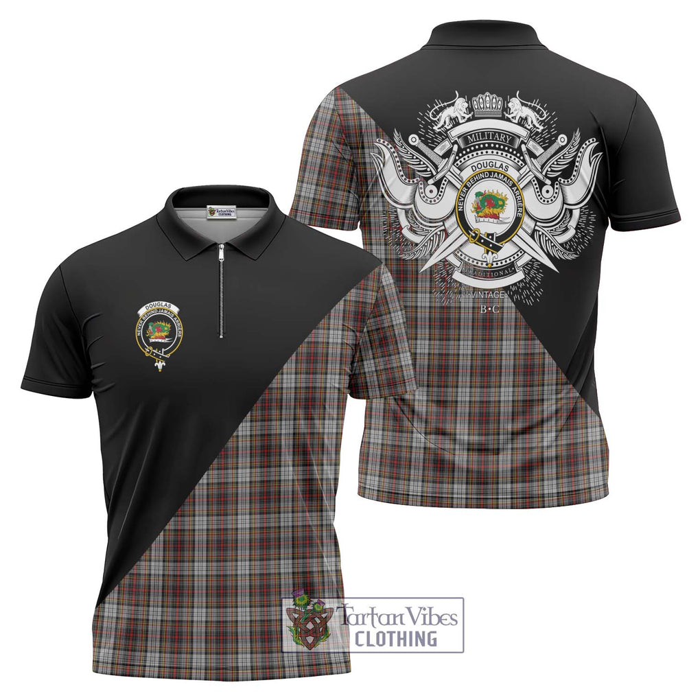 Douglas Ancient Dress Tartan Zipper Polo Shirt with Family Crest and Military Logo Style Unisex - Tartanvibesclothing Shop