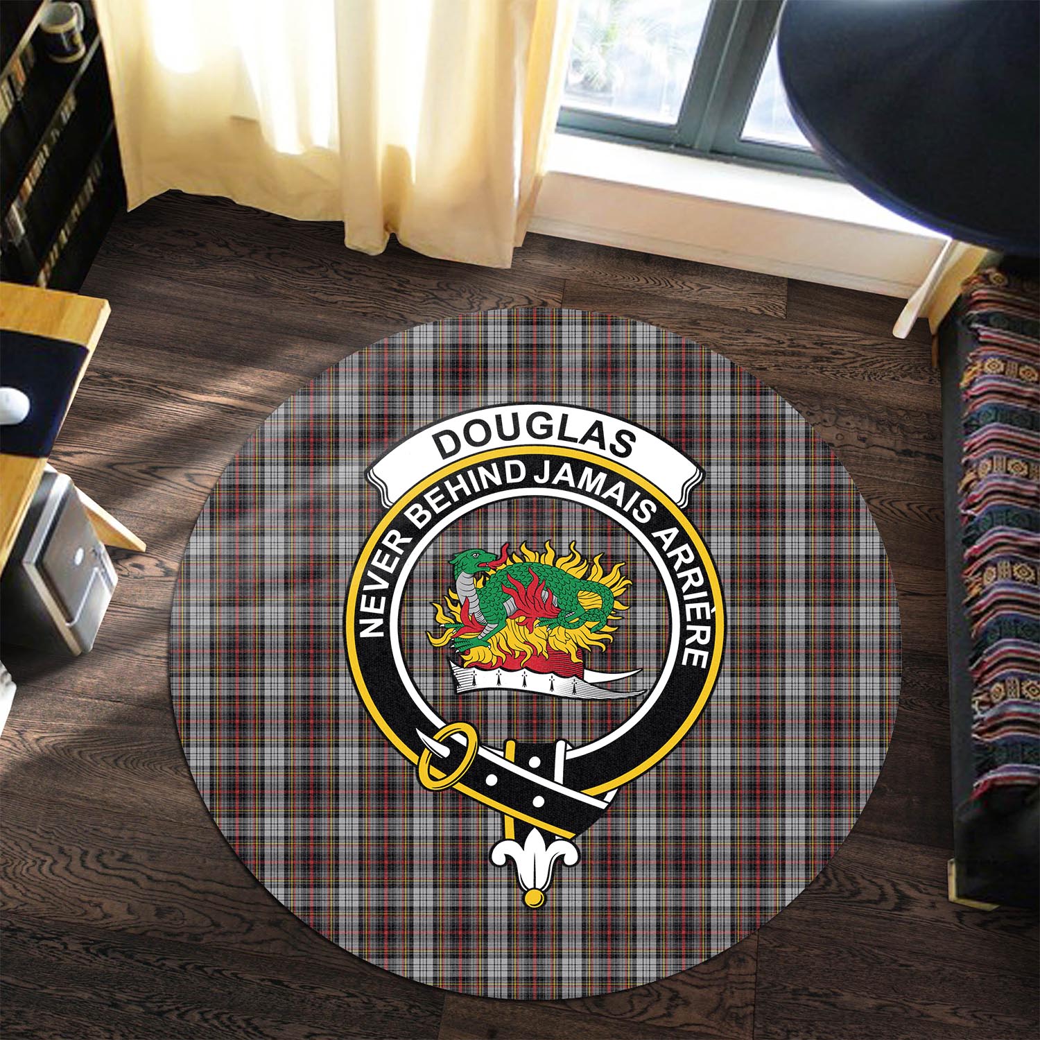 Douglas Ancient Dress Tartan Round Rug with Family Crest - Tartanvibesclothing