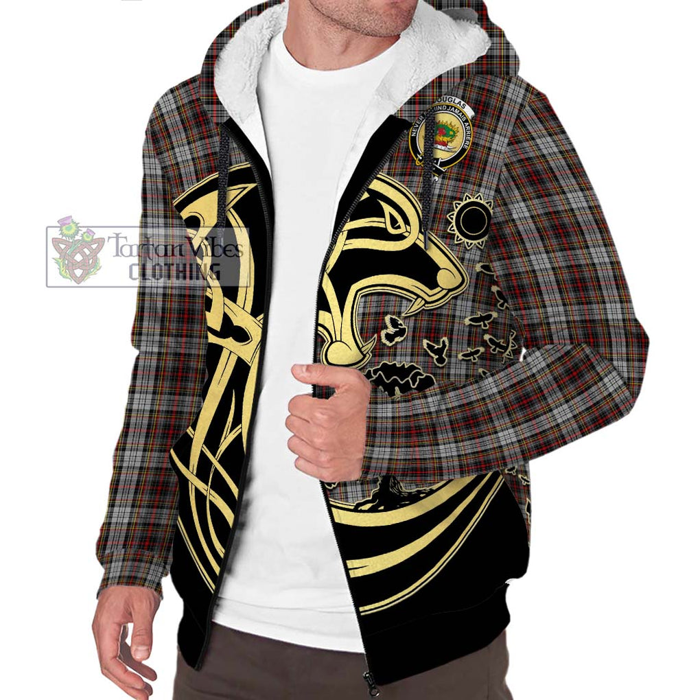 Douglas Ancient Dress Tartan Sherpa Hoodie with Family Crest Celtic Wolf Style Unisex S - Tartan Vibes Clothing