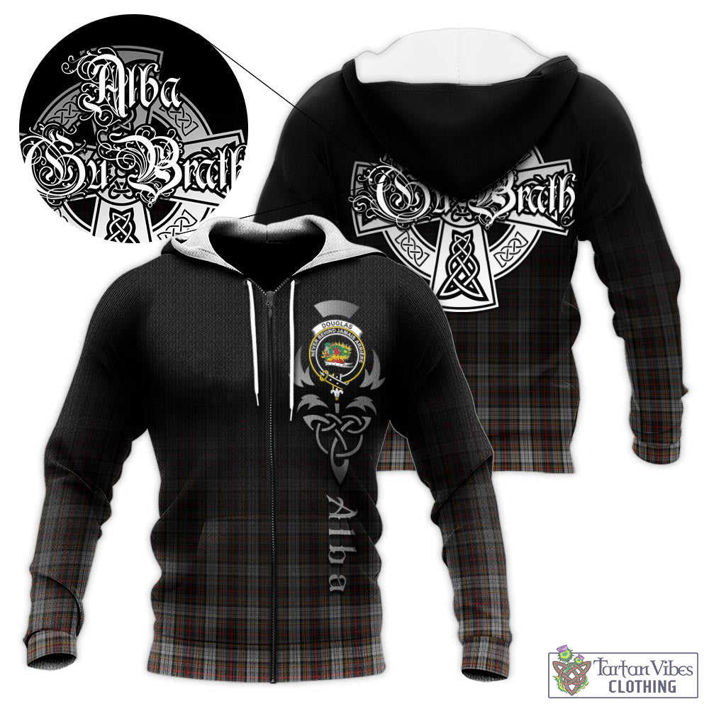 Tartan Vibes Clothing Douglas Ancient Dress Tartan Knitted Hoodie Featuring Alba Gu Brath Family Crest Celtic Inspired