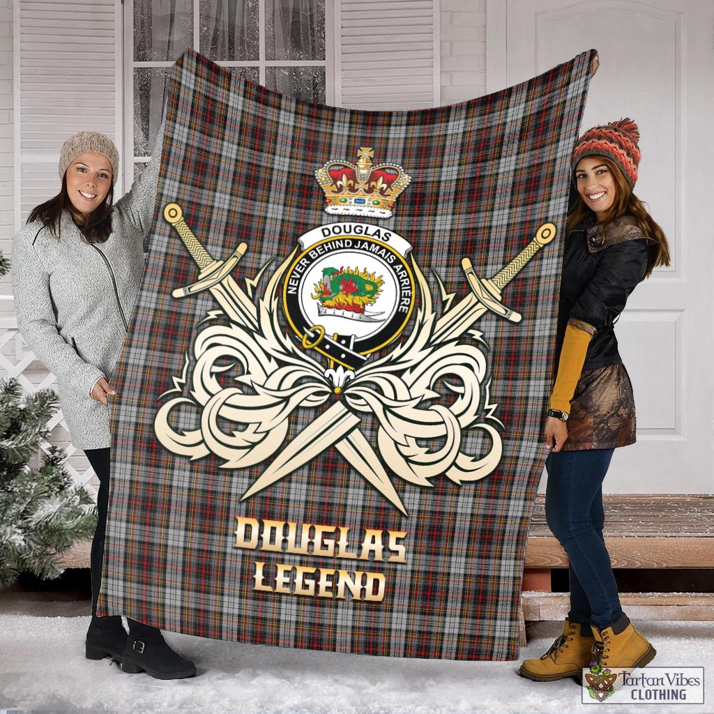 Tartan Vibes Clothing Douglas Ancient Dress Tartan Blanket with Clan Crest and the Golden Sword of Courageous Legacy