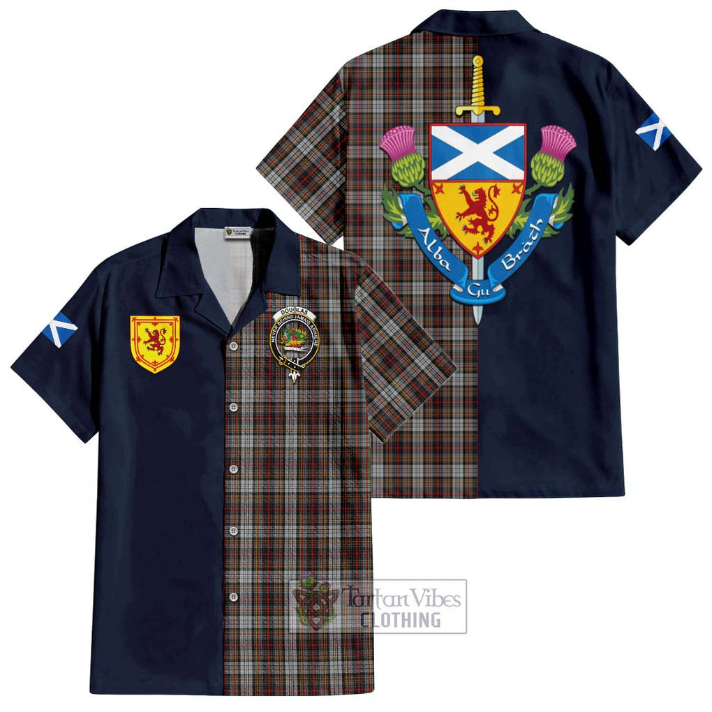 Tartan Vibes Clothing Douglas Ancient Dress Tartan Short Sleeve Button Shirt with Scottish Lion Royal Arm Half Style