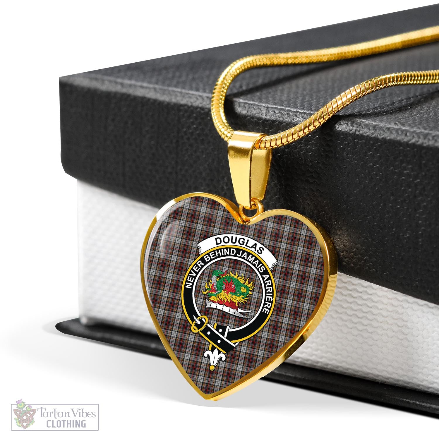 Tartan Vibes Clothing Douglas Ancient Dress Tartan Heart Necklace with Family Crest