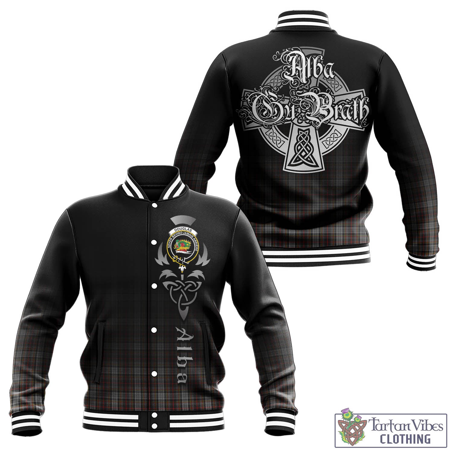 Tartan Vibes Clothing Douglas Ancient Dress Tartan Baseball Jacket Featuring Alba Gu Brath Family Crest Celtic Inspired