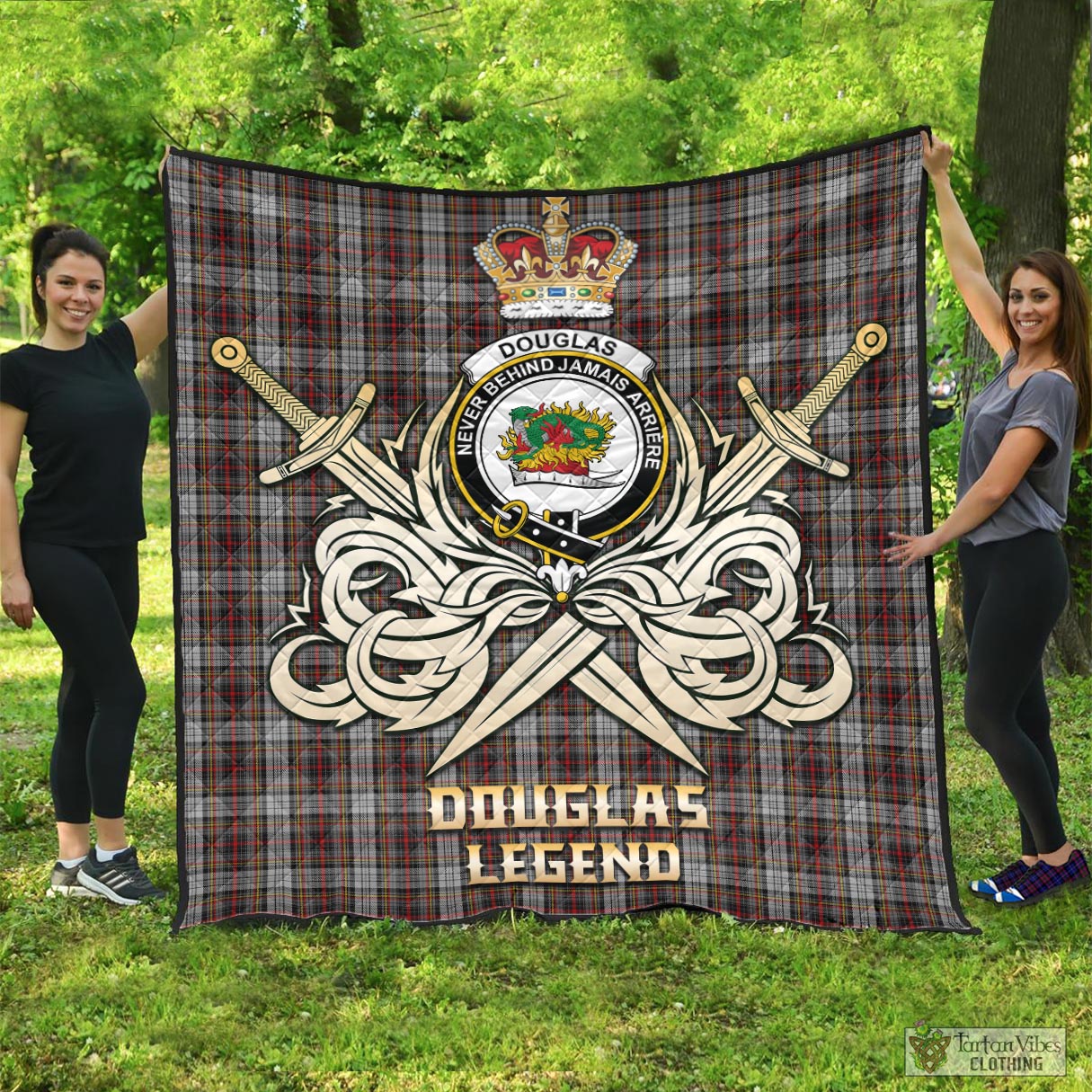 Tartan Vibes Clothing Douglas Ancient Dress Tartan Quilt with Clan Crest and the Golden Sword of Courageous Legacy