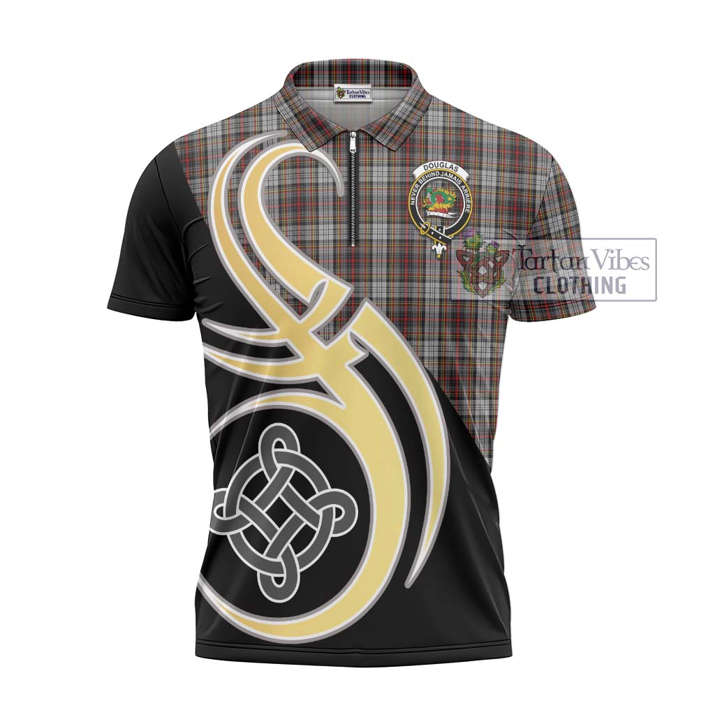 Tartan Vibes Clothing Douglas Ancient Dress Tartan Zipper Polo Shirt with Family Crest and Celtic Symbol Style