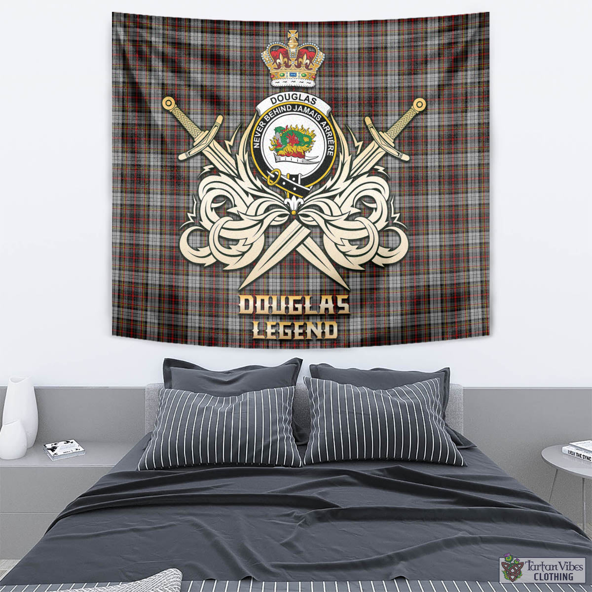 Tartan Vibes Clothing Douglas Ancient Dress Tartan Tapestry with Clan Crest and the Golden Sword of Courageous Legacy