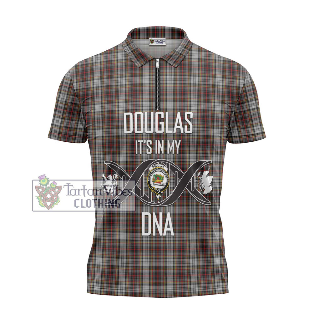 Douglas Ancient Dress Tartan Zipper Polo Shirt with Family Crest DNA In Me Style - Tartanvibesclothing Shop