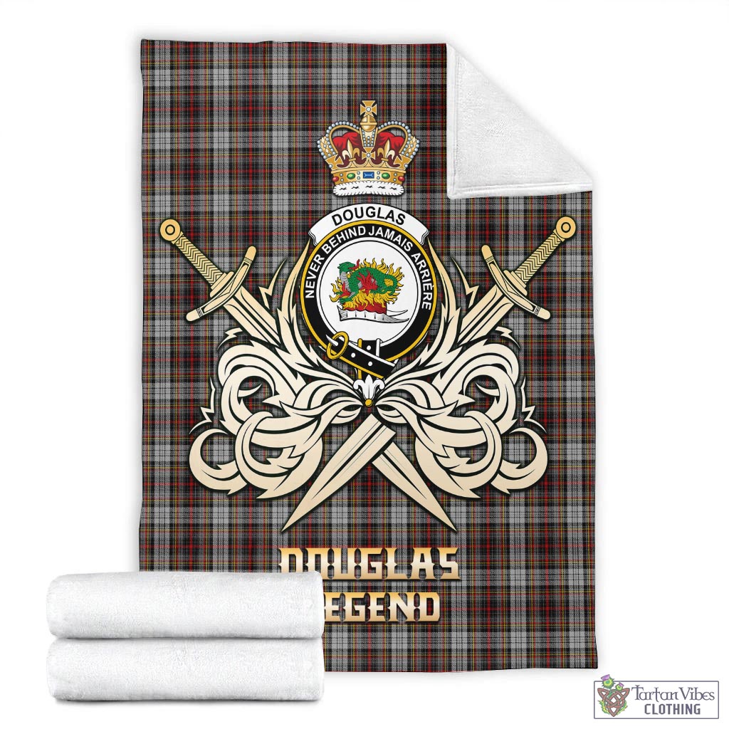 Tartan Vibes Clothing Douglas Ancient Dress Tartan Blanket with Clan Crest and the Golden Sword of Courageous Legacy