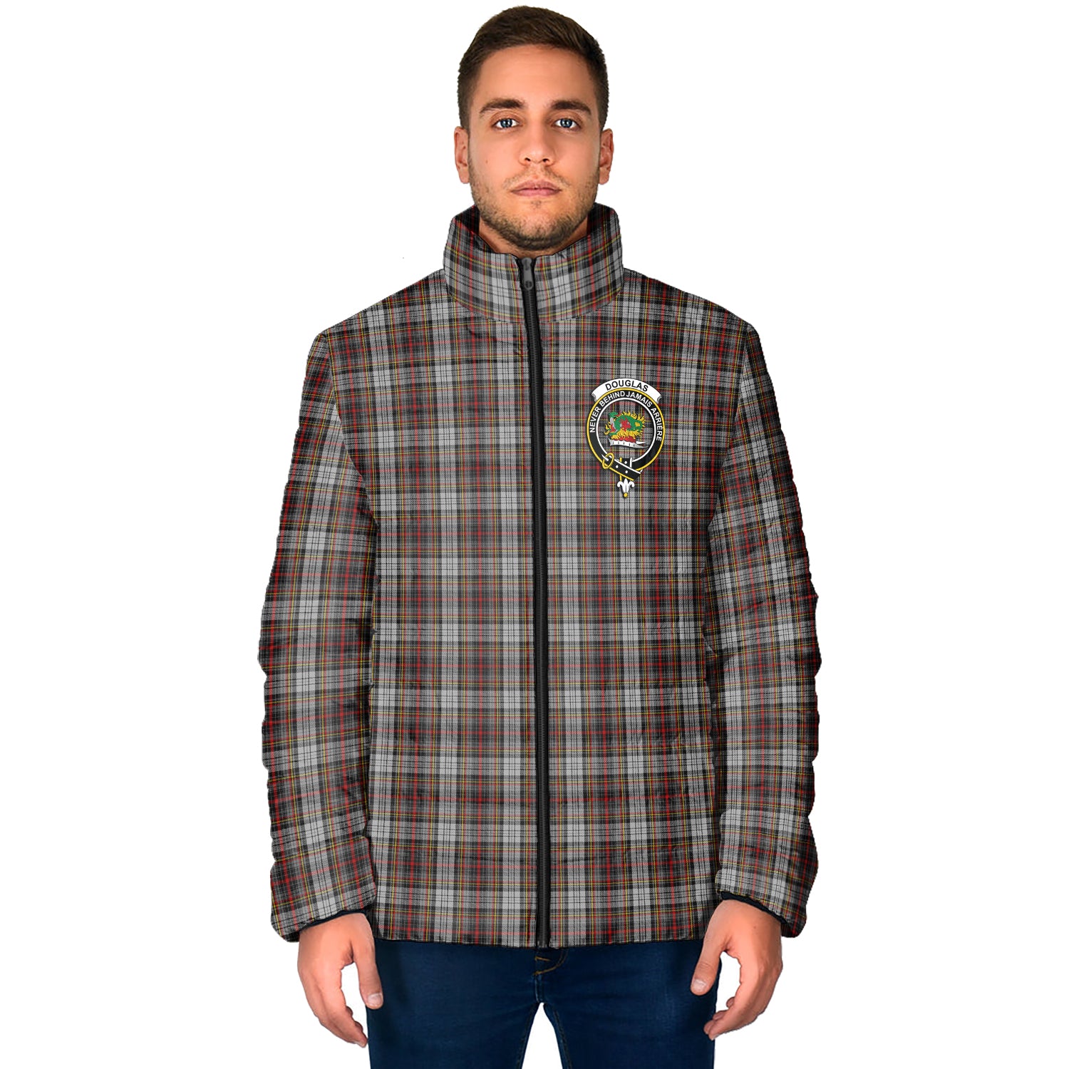 Douglas Ancient Dress Tartan Padded Jacket with Family Crest - Tartan Vibes Clothing