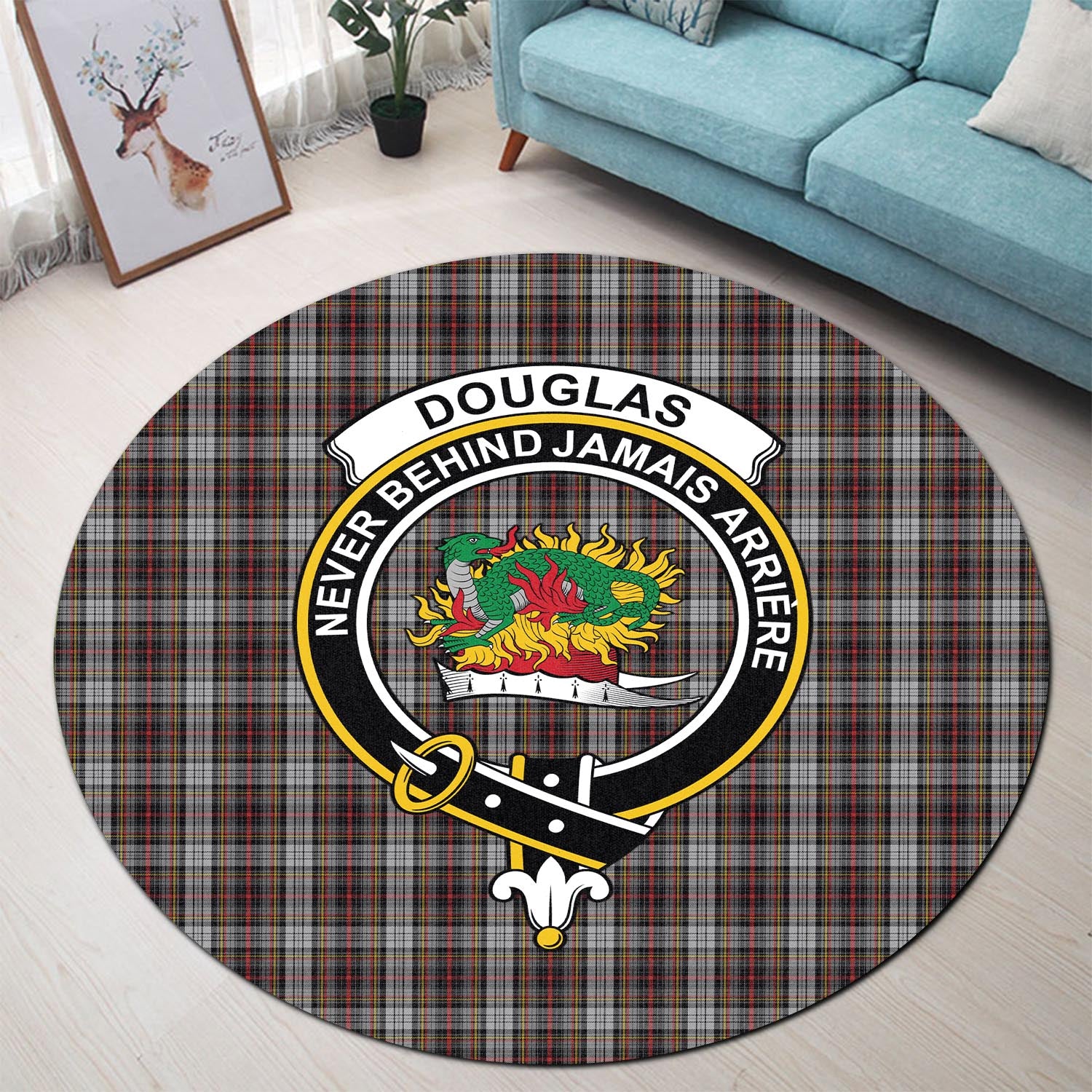 Douglas Ancient Dress Tartan Round Rug with Family Crest - Tartanvibesclothing