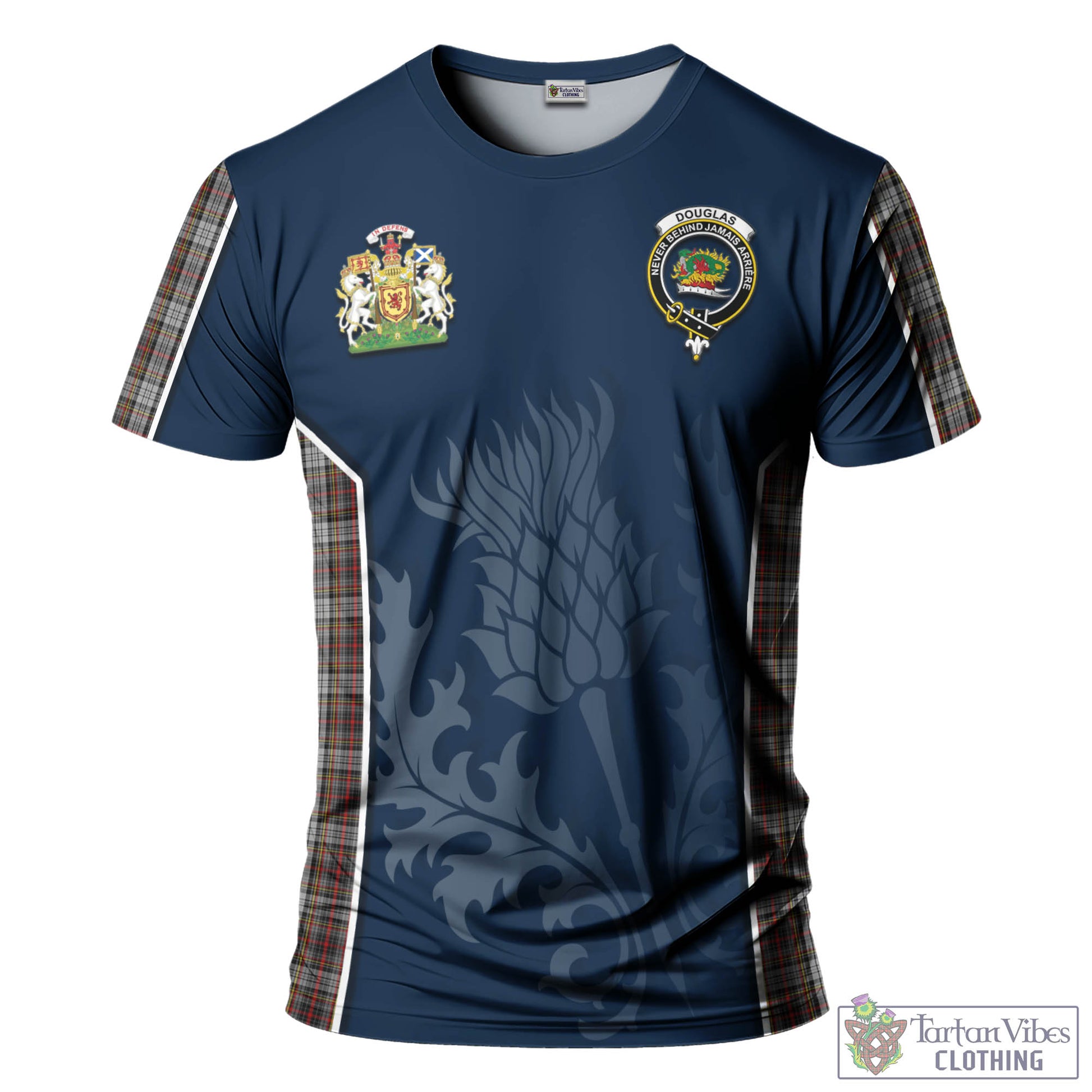 Tartan Vibes Clothing Douglas Ancient Dress Tartan T-Shirt with Family Crest and Scottish Thistle Vibes Sport Style