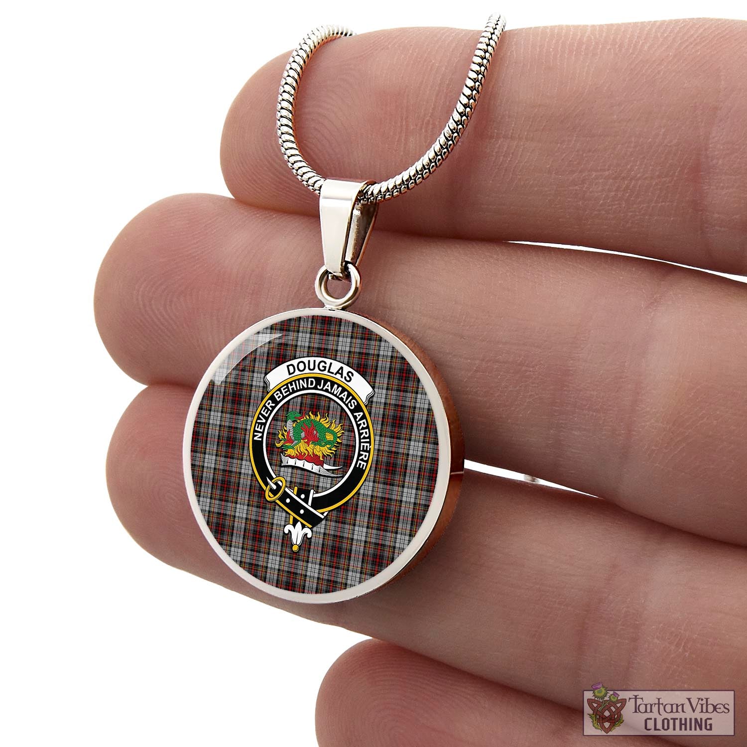 Tartan Vibes Clothing Douglas Ancient Dress Tartan Circle Necklace with Family Crest